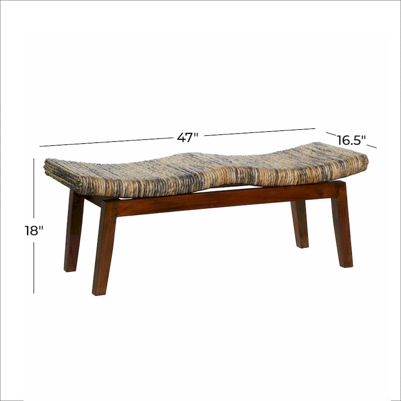 Brown Handwoven Banana Fiber Wooden Entryway Bench Fully Assembled Indoor Seat