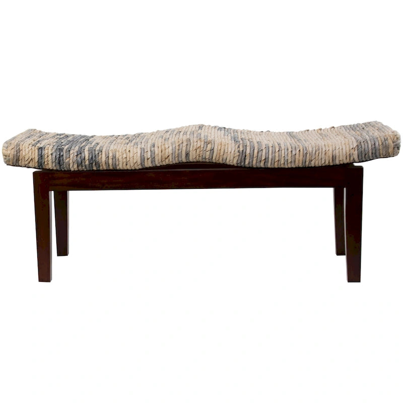 Brown Handwoven Banana Fiber Wooden Entryway Bench Fully Assembled Indoor Seat