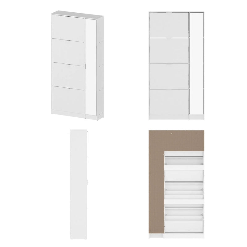 White Mirrored Shoe Cabinet Vertical Storage Unit Pull-Down Drawers