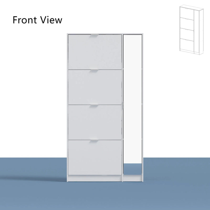White Mirrored Shoe Cabinet Vertical Storage Unit Pull-Down Drawers