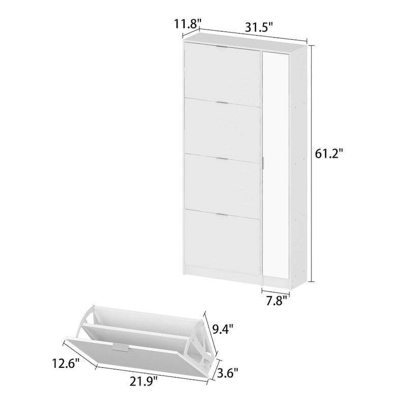 White Mirrored Shoe Cabinet Vertical Storage Unit Pull-Down Drawers