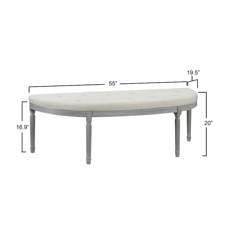 Tufted Beige Upholstered Semicircle Bench with Turned Gray Wood Legs