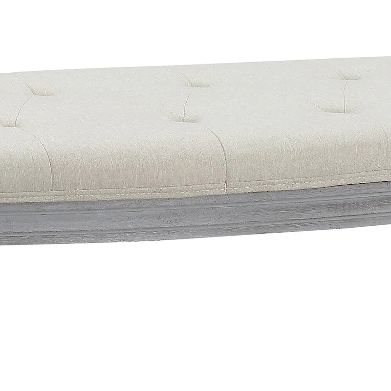 Tufted Beige Upholstered Semicircle Bench with Turned Gray Wood Legs