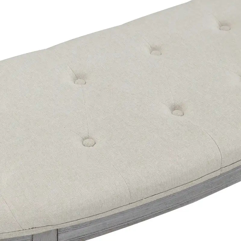 Tufted Beige Upholstered Semicircle Bench with Turned Gray Wood Legs