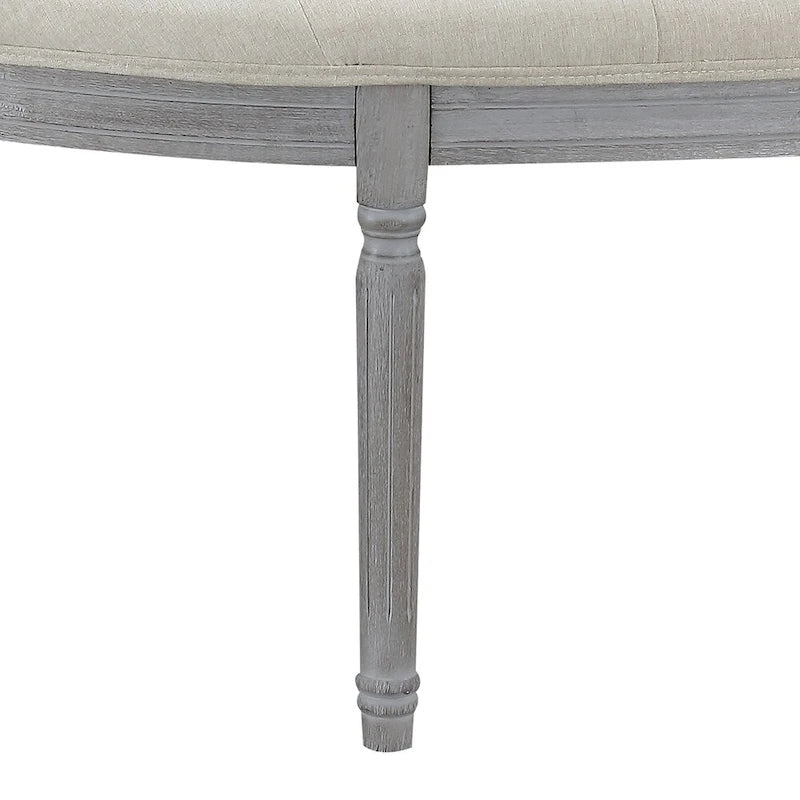 Tufted Beige Upholstered Semicircle Bench with Turned Gray Wood Legs