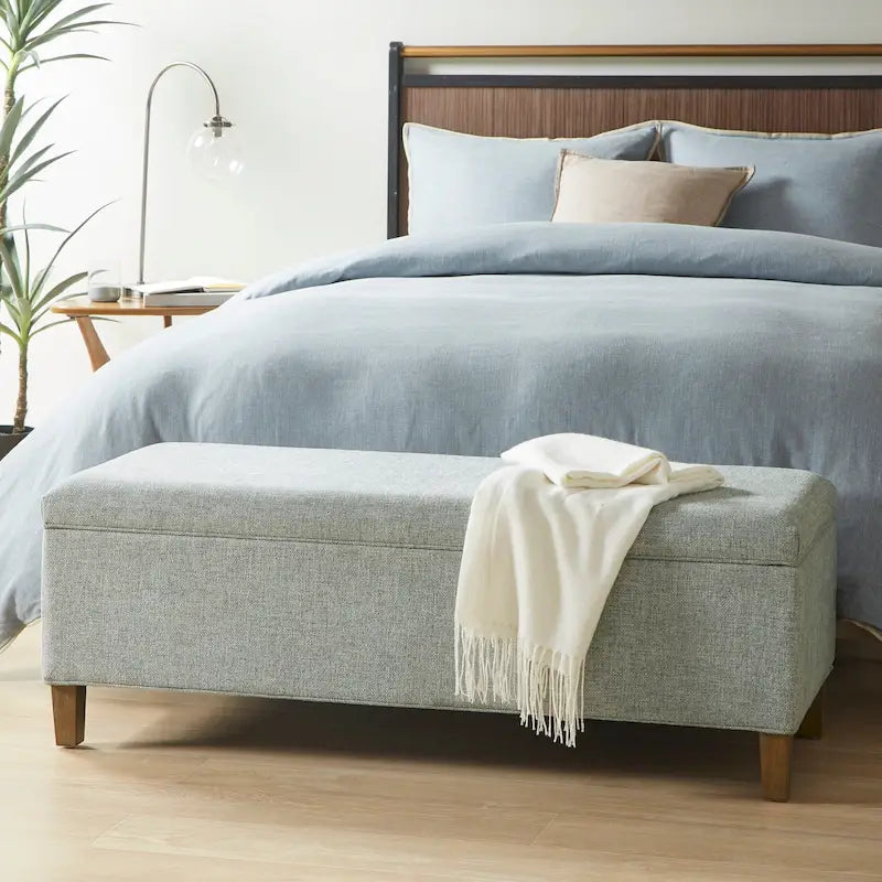 Upholstered Storage Bench with Soft Close Lid, Blue Fabric, Solid Wood Legs