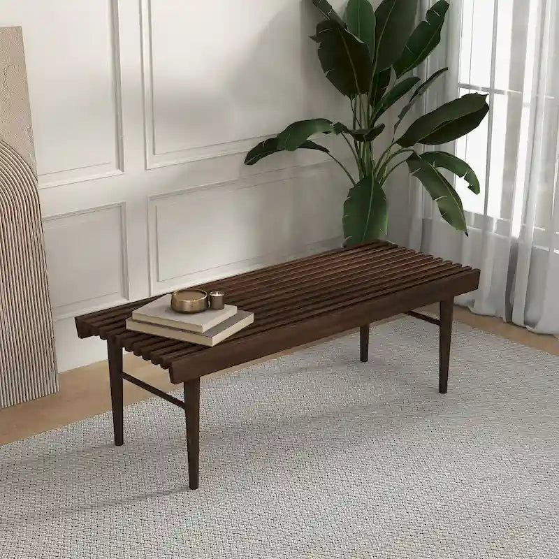 Mid-Century Solid Wood Slatted Bench with Tapered Legs Brown