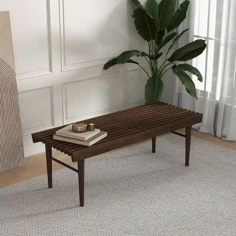 Mid-Century Solid Wood Slatted Bench with Tapered Legs Brown