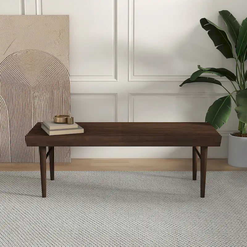 Mid-Century Solid Wood Slatted Bench with Tapered Legs Brown