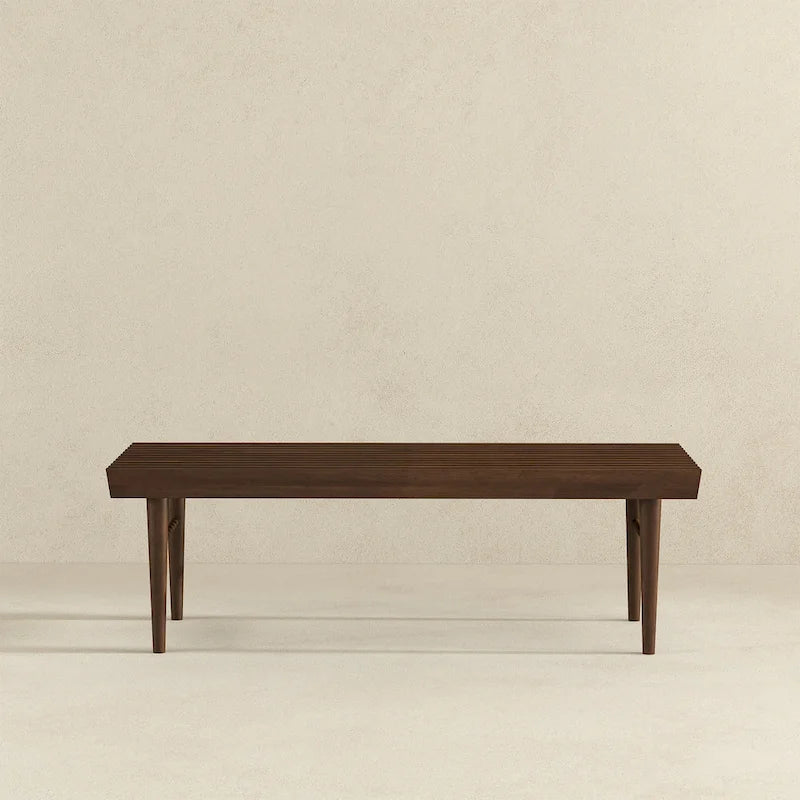 Mid-Century Solid Wood Slatted Bench with Tapered Legs Brown