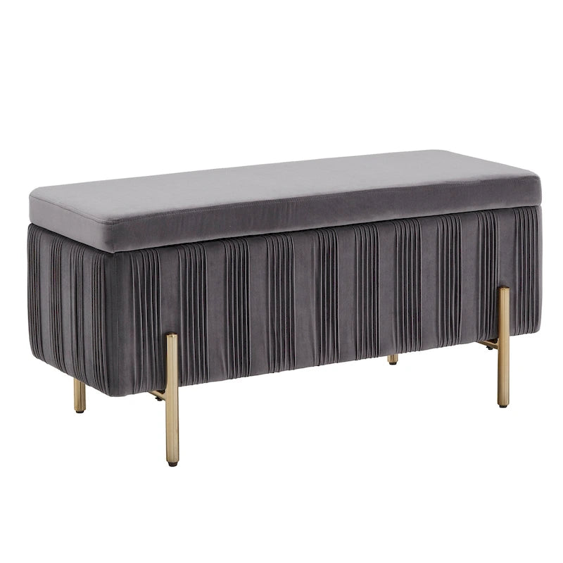 Grey Pleated Velvet Lift-Top Storage Bench with Gold Metal Legs