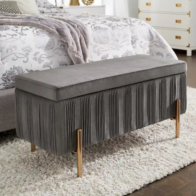 Grey Pleated Velvet Lift-Top Storage Bench with Gold Metal Legs