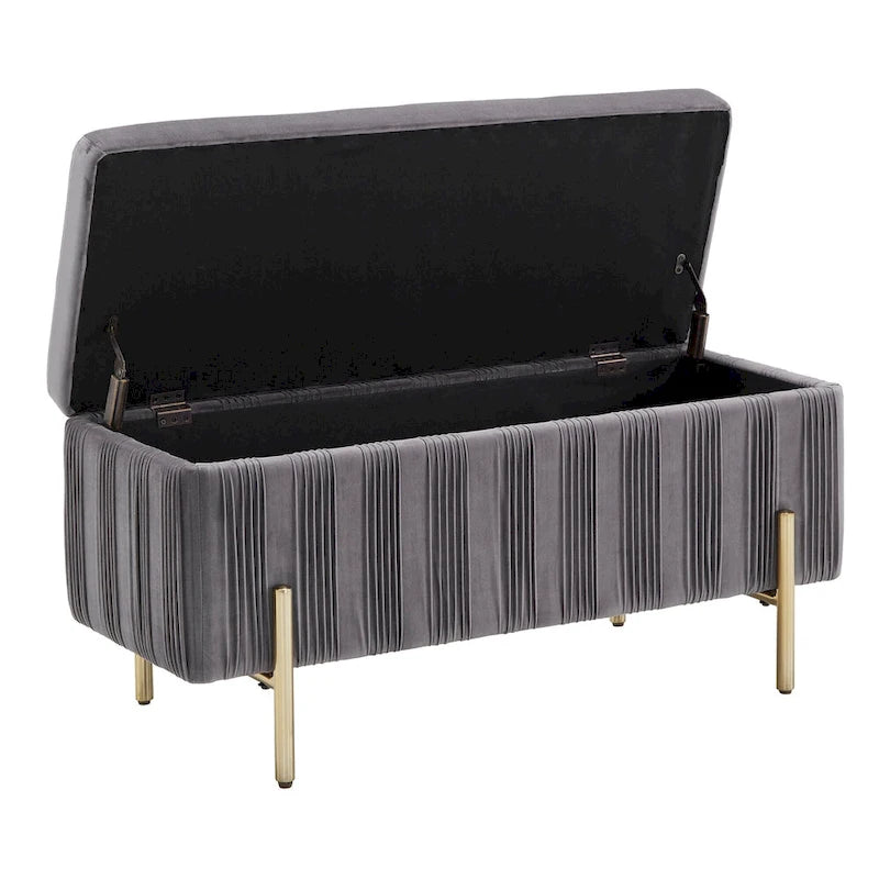 Grey Pleated Velvet Lift-Top Storage Bench with Gold Metal Legs