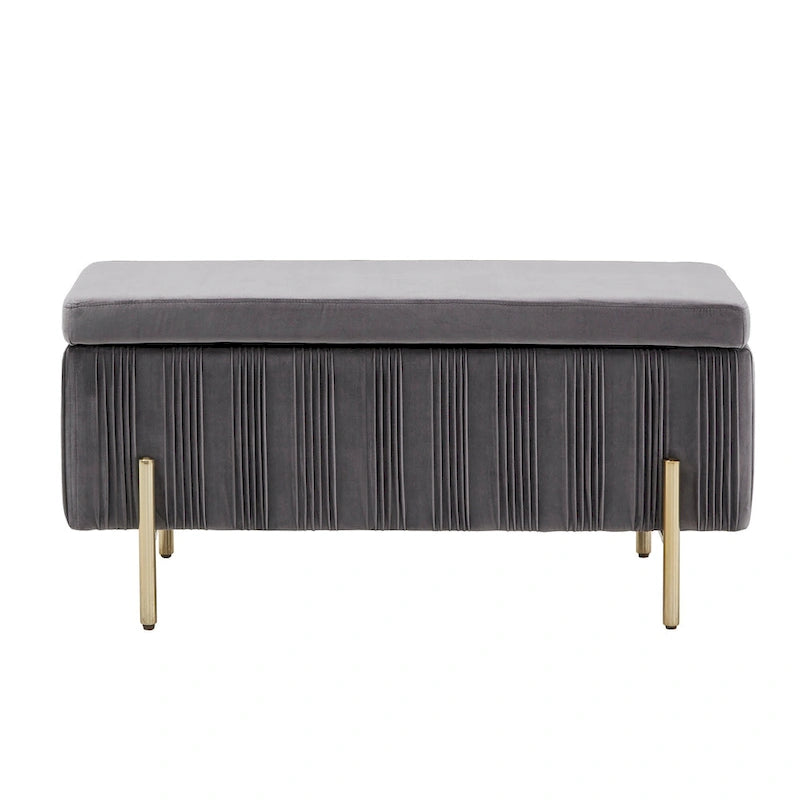 Grey Pleated Velvet Lift-Top Storage Bench with Gold Metal Legs