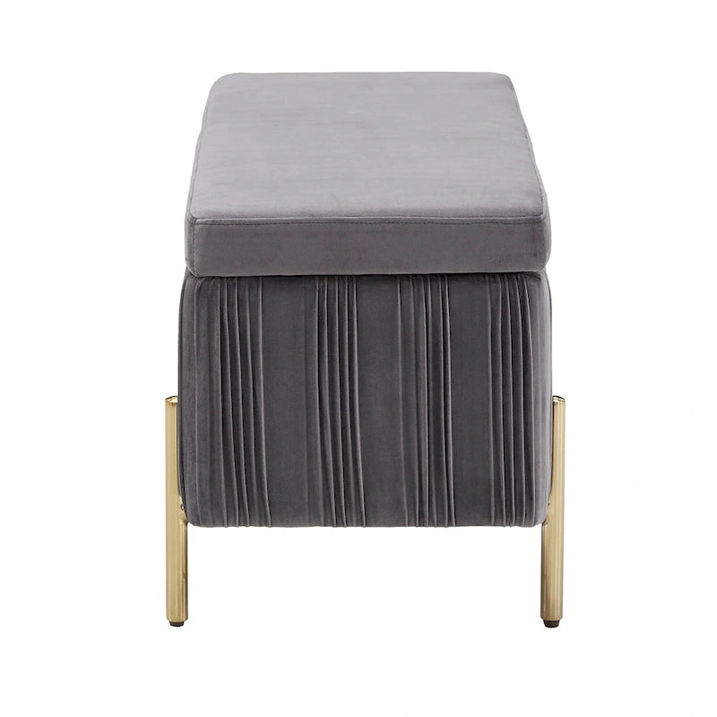 Grey Pleated Velvet Lift-Top Storage Bench with Gold Metal Legs