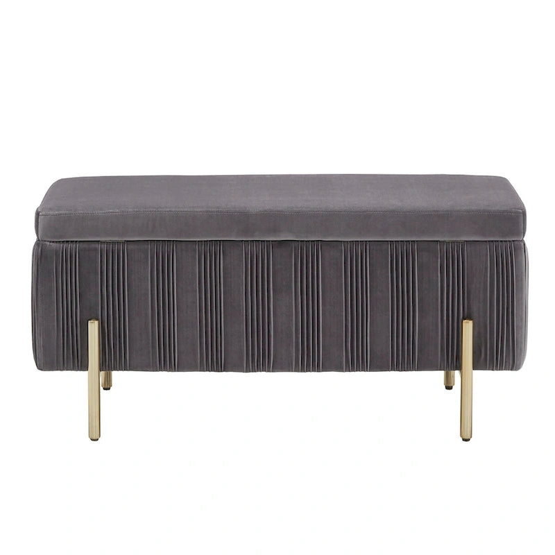 Grey Pleated Velvet Lift-Top Storage Bench with Gold Metal Legs