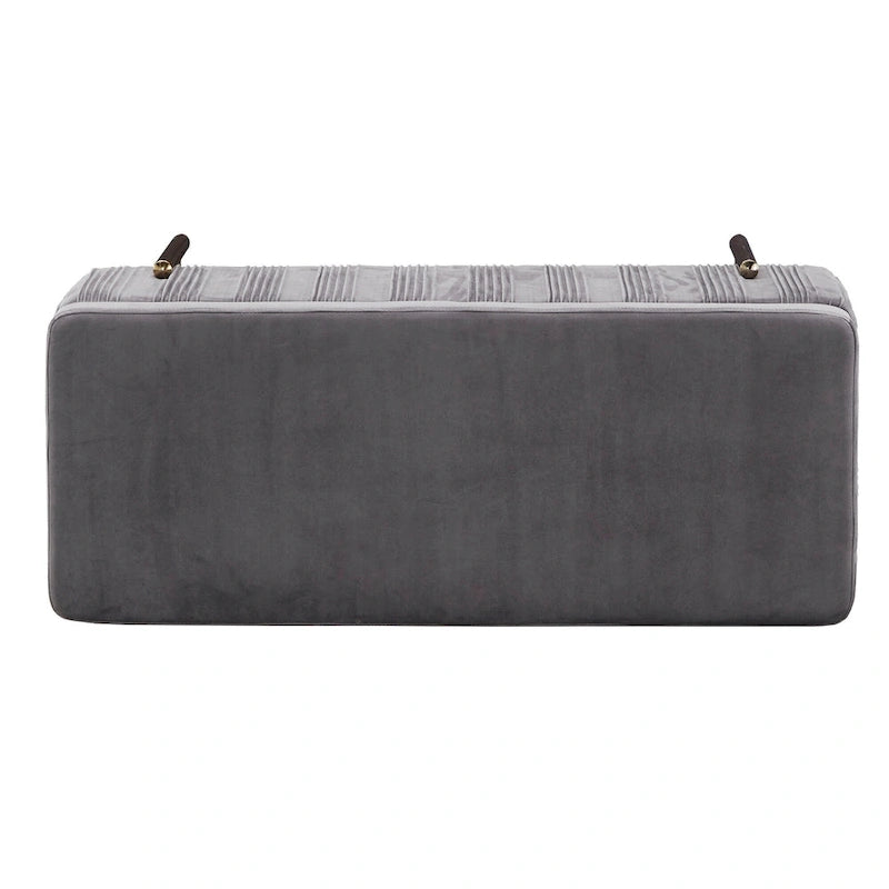 Grey Pleated Velvet Lift-Top Storage Bench with Gold Metal Legs