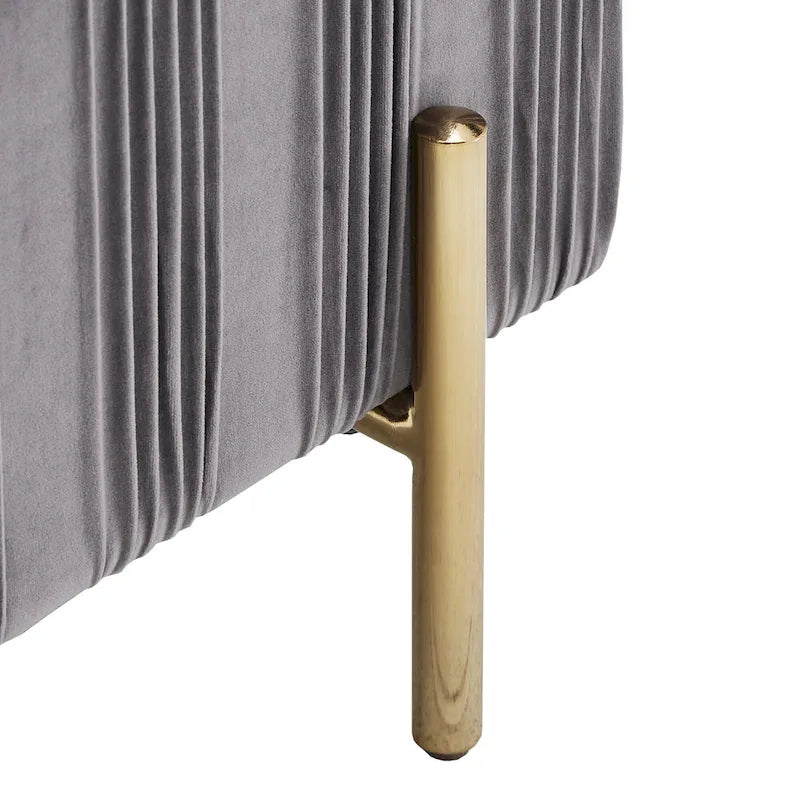 Grey Pleated Velvet Lift-Top Storage Bench with Gold Metal Legs