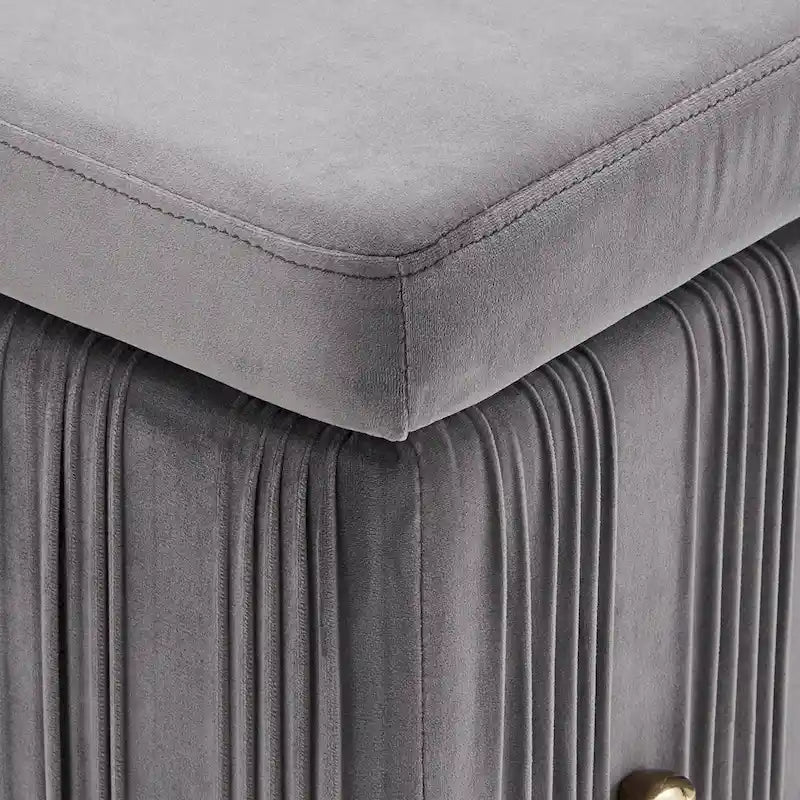 Grey Pleated Velvet Lift-Top Storage Bench with Gold Metal Legs