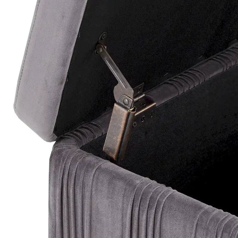 Grey Pleated Velvet Lift-Top Storage Bench with Gold Metal Legs