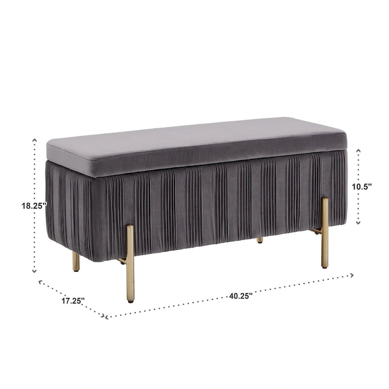 Grey Pleated Velvet Lift-Top Storage Bench with Gold Metal Legs