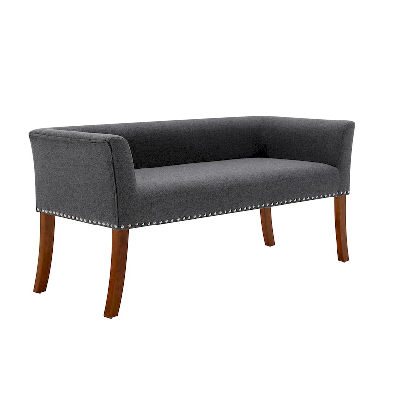 Banc d'appoint rembourré en tissu avec garniture cloutée et pieds en bois évasés