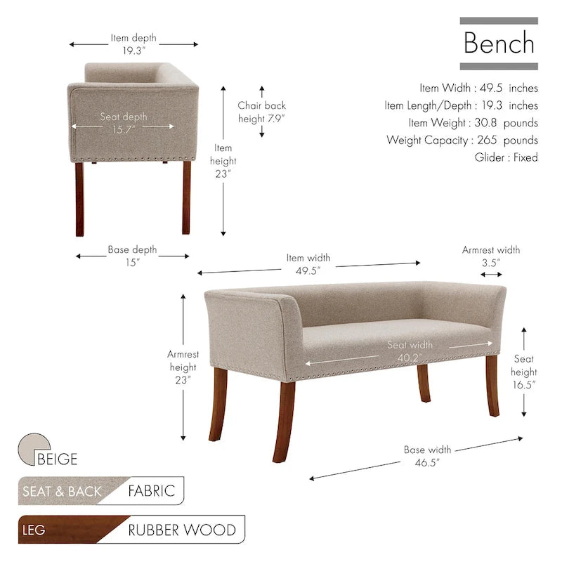 Fabric Upholstered Accent Bench with Nailhead Trim and Splayed Wooden Legs