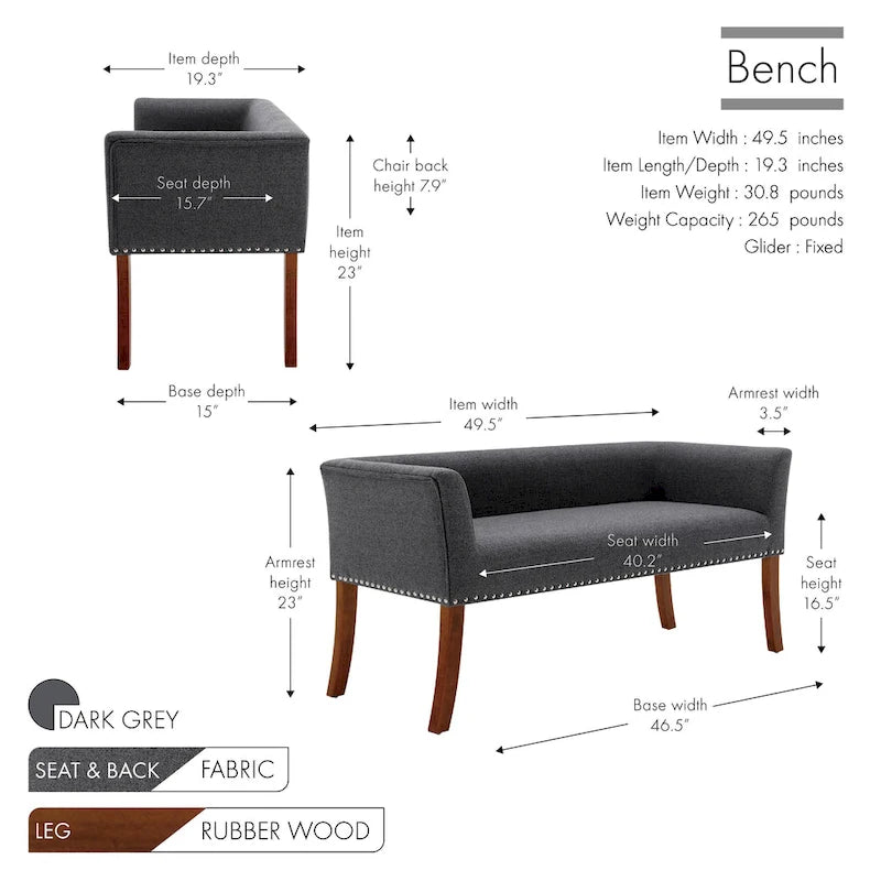 Fabric Upholstered Accent Bench with Nailhead Trim and Splayed Wooden Legs