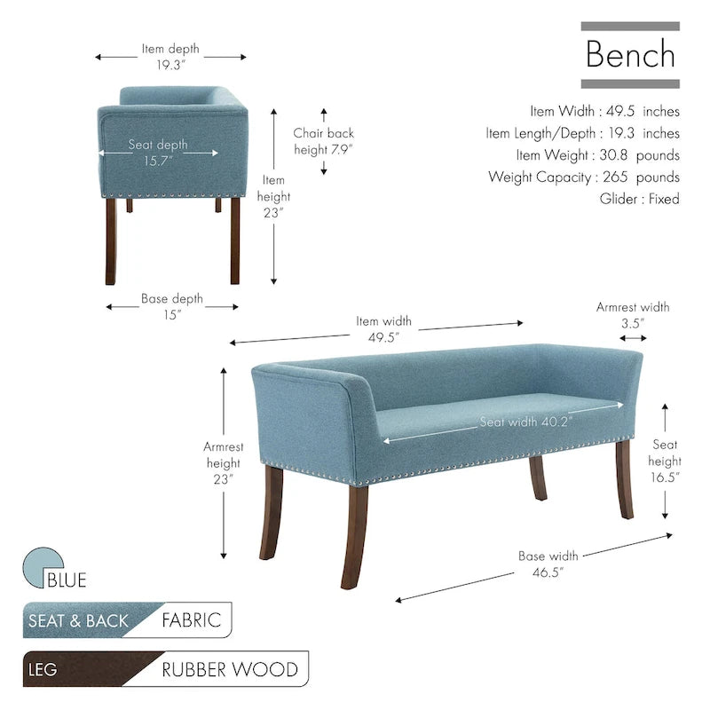 Fabric Upholstered Accent Bench with Nailhead Trim and Splayed Wooden Legs