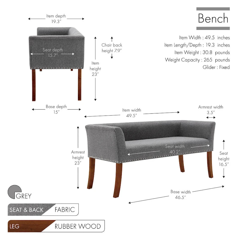 Fabric Upholstered Accent Bench with Nailhead Trim and Splayed Wooden Legs