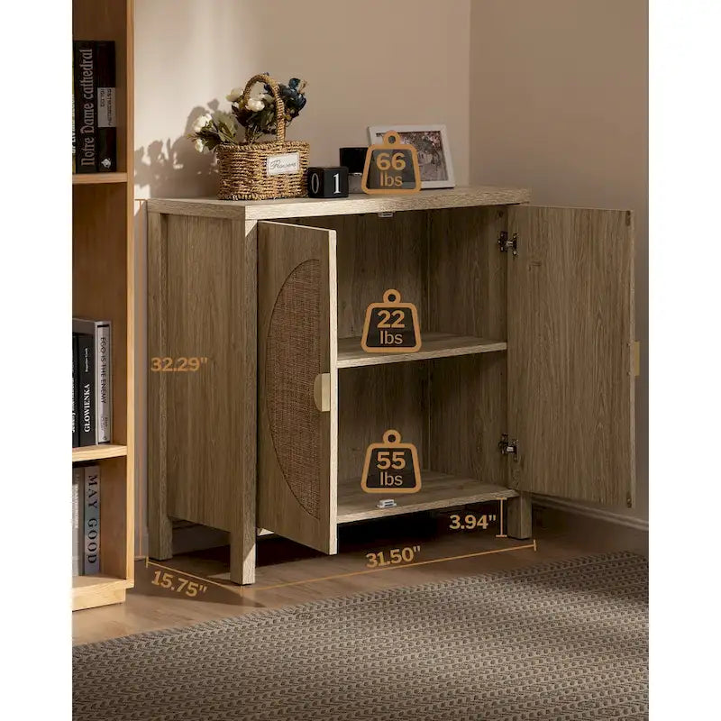 Oak Finish Rattan Door Sideboard Storage Cabinet with Adjustable Shelf