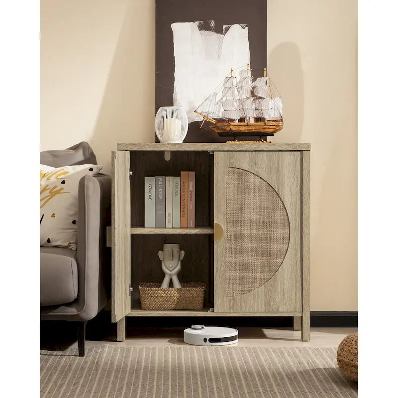 Oak Finish Rattan Door Sideboard Storage Cabinet with Adjustable Shelf