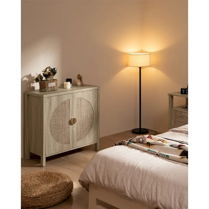 Oak Finish Rattan Door Sideboard Storage Cabinet with Adjustable Shelf