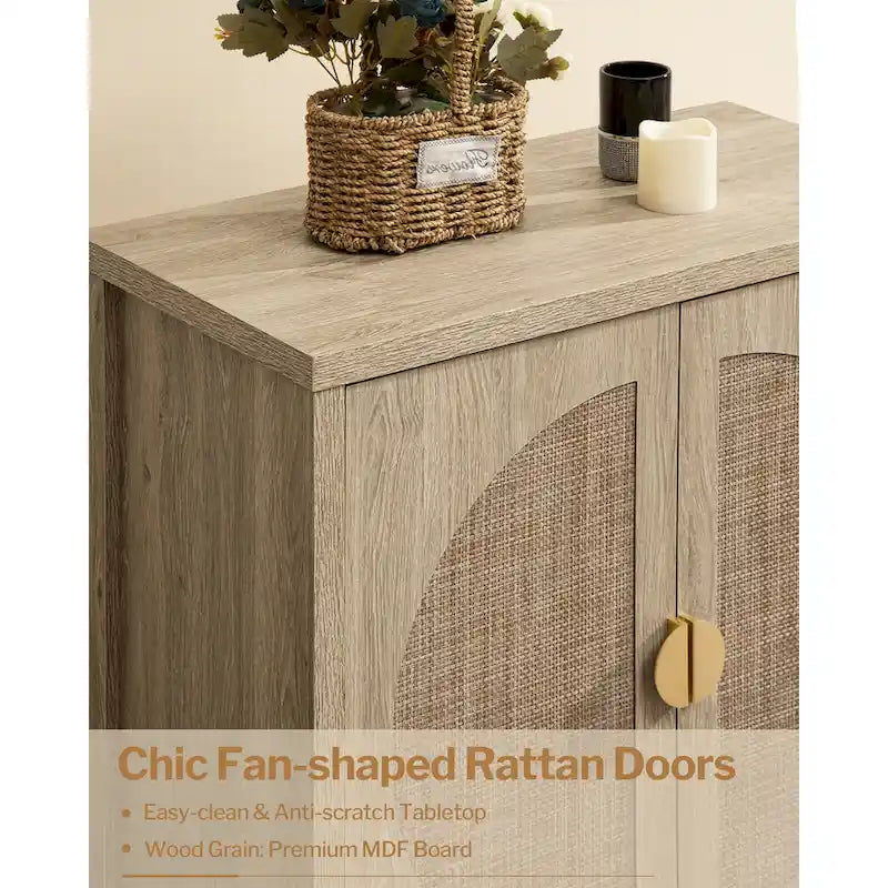 Oak Finish Rattan Door Sideboard Storage Cabinet with Adjustable Shelf