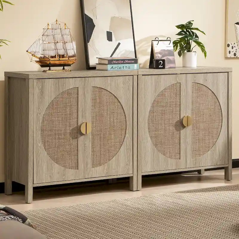 Oak Finish Rattan Door Sideboard Storage Cabinet with Adjustable Shelf