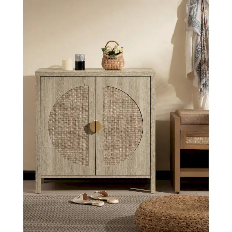 Oak Finish Rattan Door Sideboard Storage Cabinet with Adjustable Shelf
