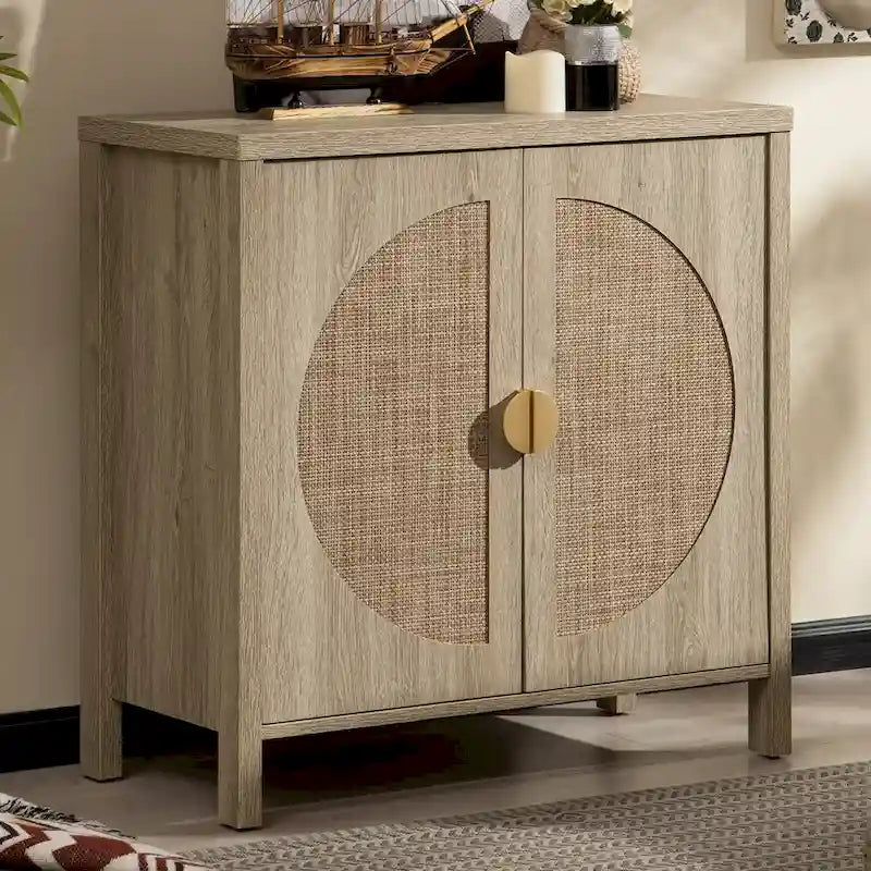 Oak Finish Rattan Door Sideboard Storage Cabinet with Adjustable Shelf
