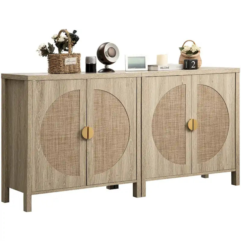 Oak Finish Rattan Door Sideboard Storage Cabinet with Adjustable Shelf