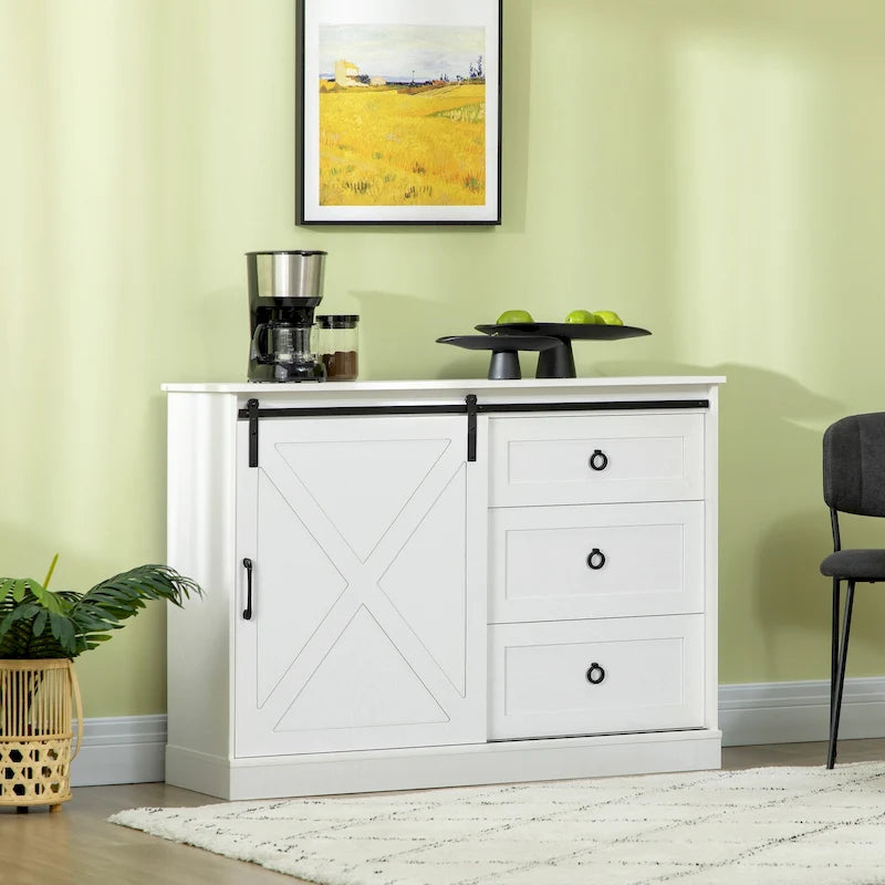 Farmhouse Coffee Bar Cabinet with Sliding Barn Door and 3 Drawers White