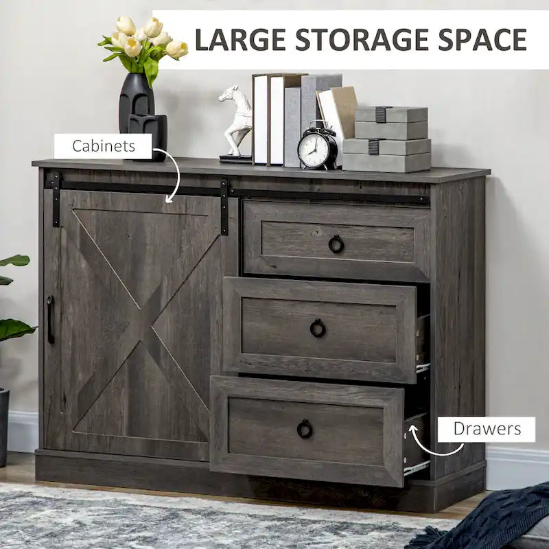Farmhouse Coffee Bar Cabinet with Sliding Barn Door and 3 Drawers White