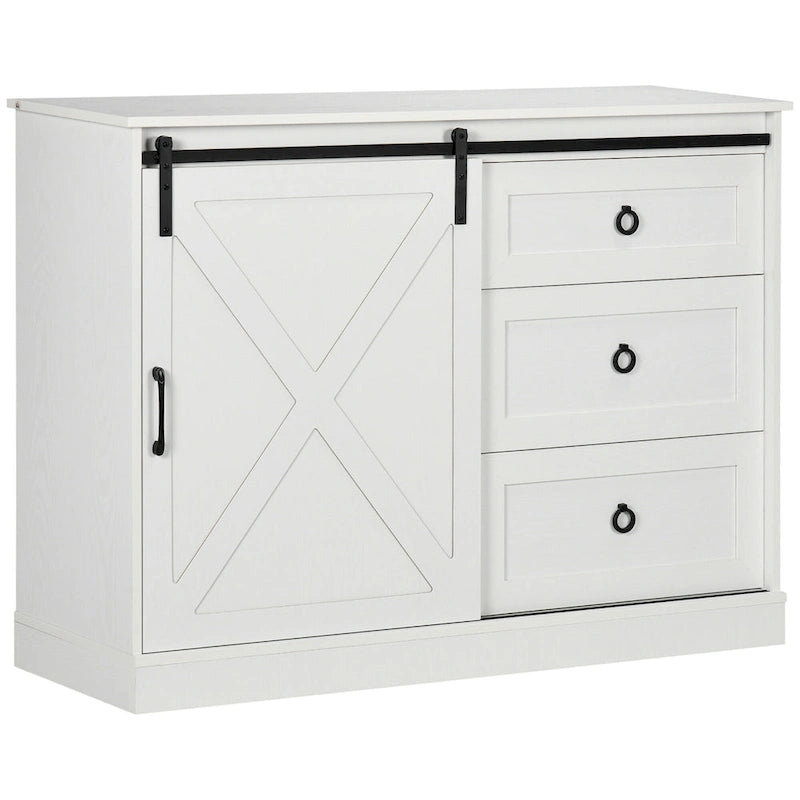 Farmhouse Coffee Bar Cabinet with Sliding Barn Door and 3 Drawers White