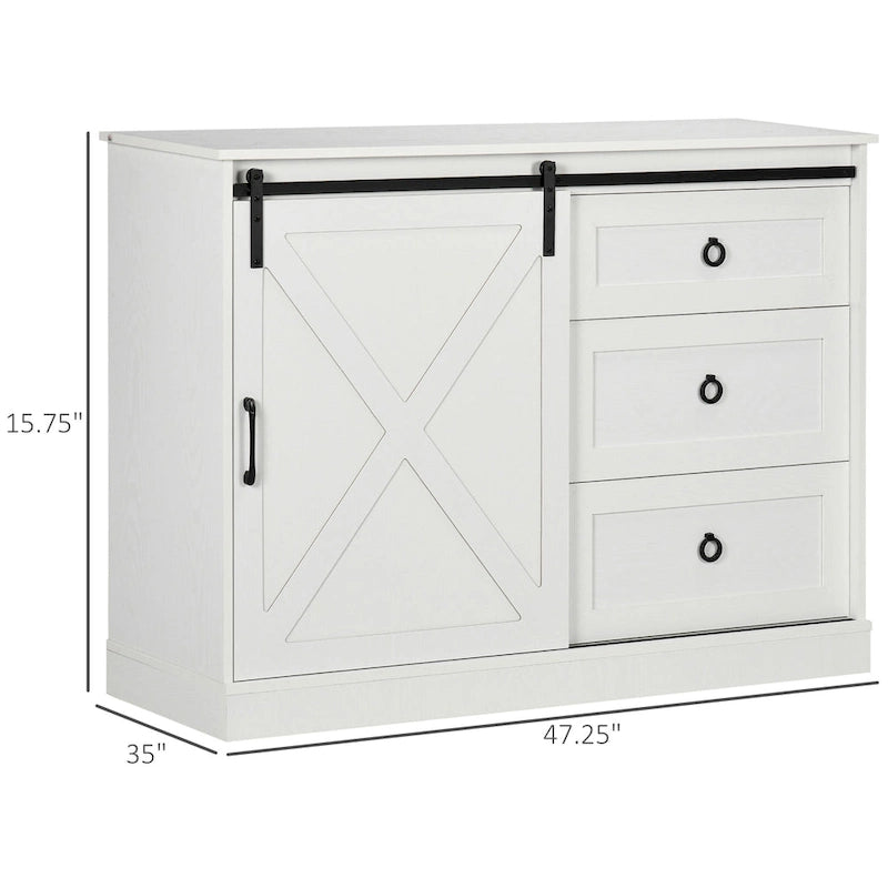 Farmhouse Coffee Bar Cabinet with Sliding Barn Door and 3 Drawers White