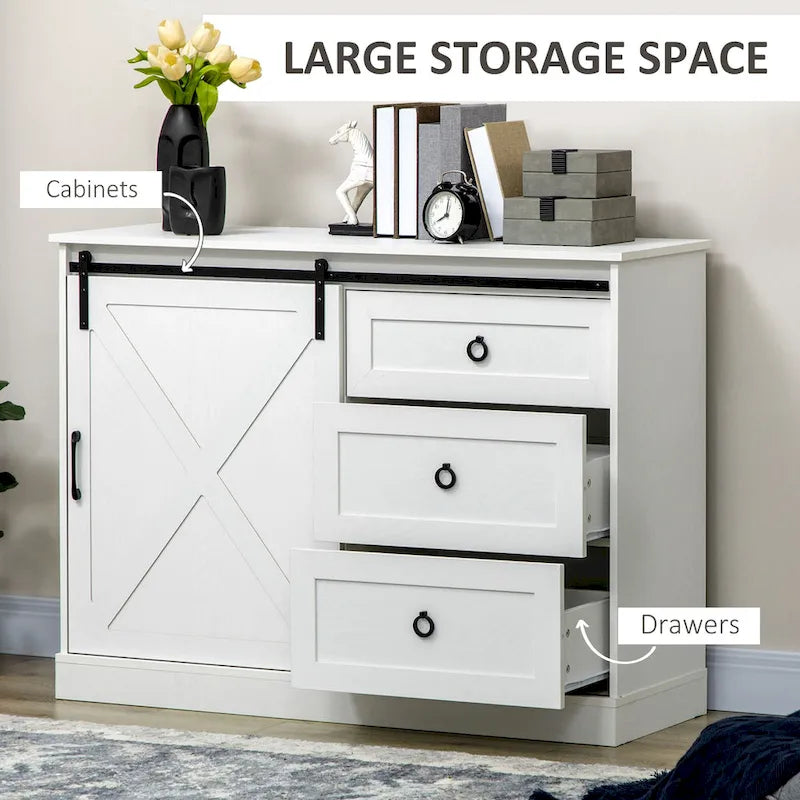 Farmhouse Coffee Bar Cabinet with Sliding Barn Door and 3 Drawers White