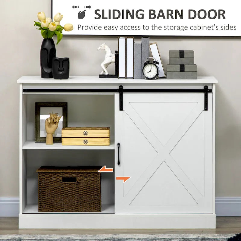 Farmhouse Coffee Bar Cabinet with Sliding Barn Door and 3 Drawers White