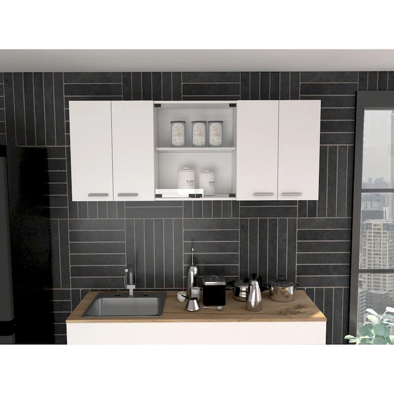 White & Black Wall-Mounted Storage Cabinet with Doors and Open Shelves