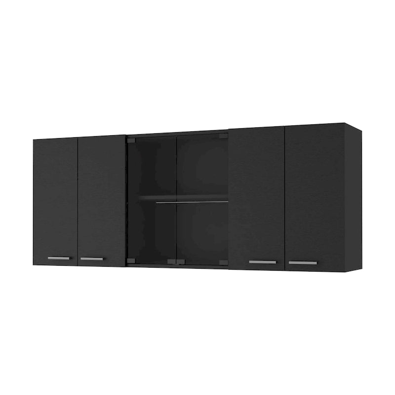 White & Black Wall-Mounted Storage Cabinet with Doors and Open Shelves