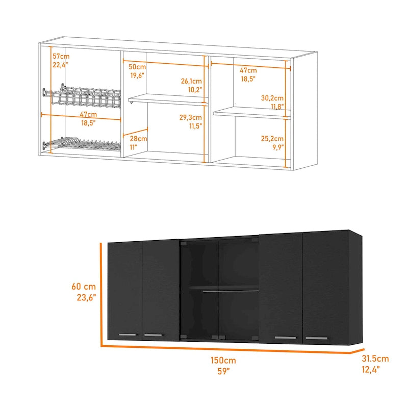 White & Black Wall-Mounted Storage Cabinet with Doors and Open Shelves