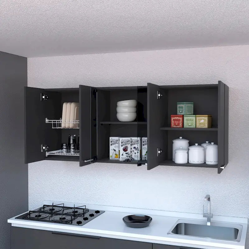 White & Black Wall-Mounted Storage Cabinet with Doors and Open Shelves