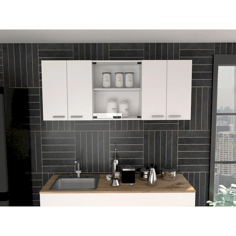 White & Black Wall-Mounted Storage Cabinet with Doors and Open Shelves