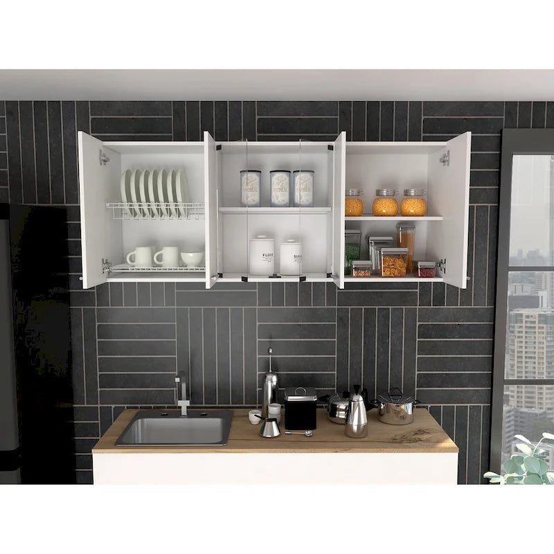 White & Black Wall-Mounted Storage Cabinet with Doors and Open Shelves